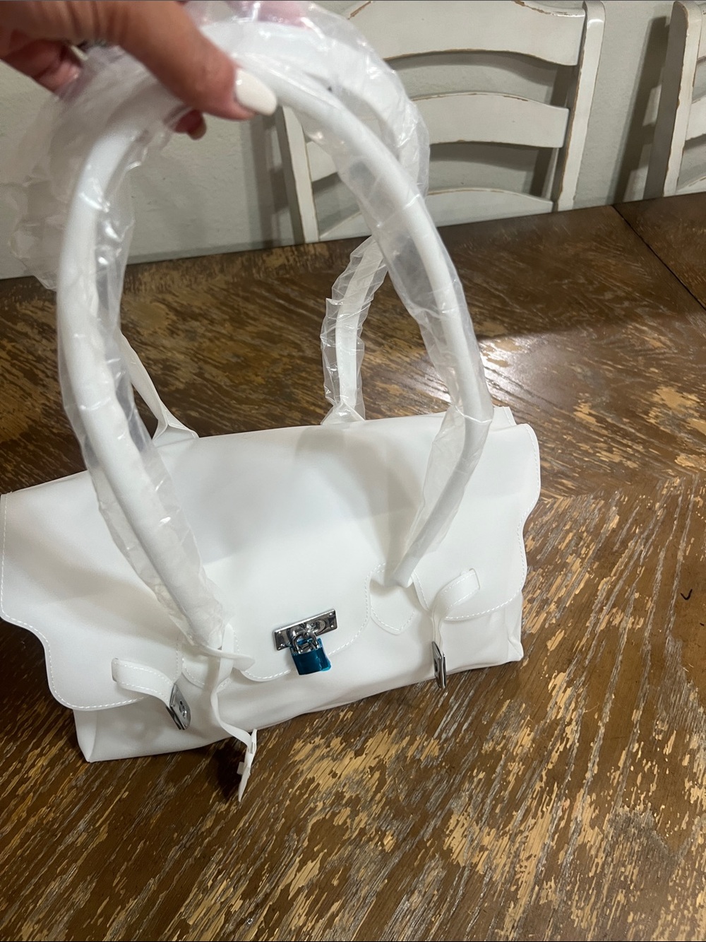 Classic White Structured Handbag with Silver Hardware